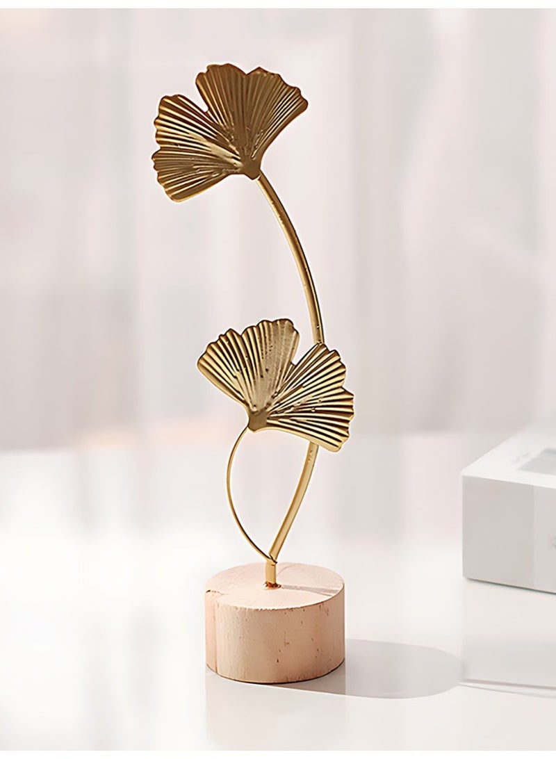 CLAVON Gold-colored metal leaf decorative ornament with a wooden base, in a modern Nordic style, suitable for home and office desk decoration (Ginkgo leaf design). - Image 1